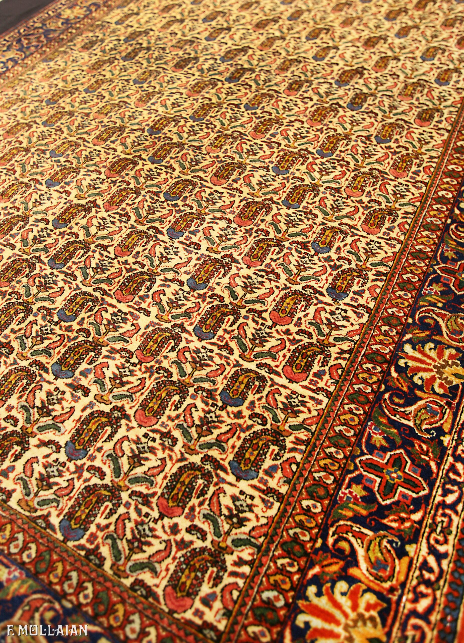 Beige Feld und „Boteh Design“ Antiker persischer Kashan Kurk Teppich n°:75454869