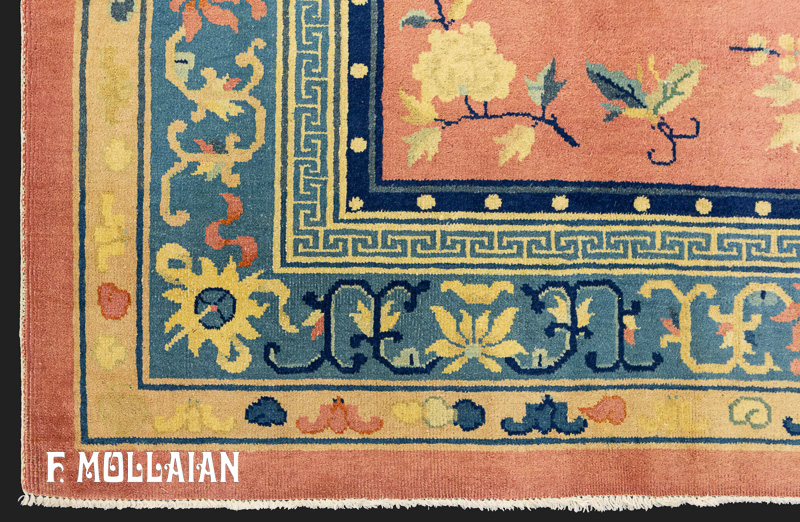 فرش آنتیک چینی پکن زمینه صورتی با طرح مدالیون و اژدها کد:۹۲۵۴