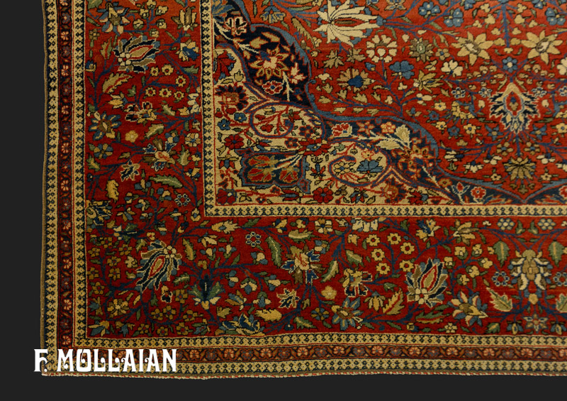 فرش آنتیک ایرانی کاشان محتشم قرمز آجری با طرح گلدانی/درختی کد:۶۰۸۹۳۸۴۳