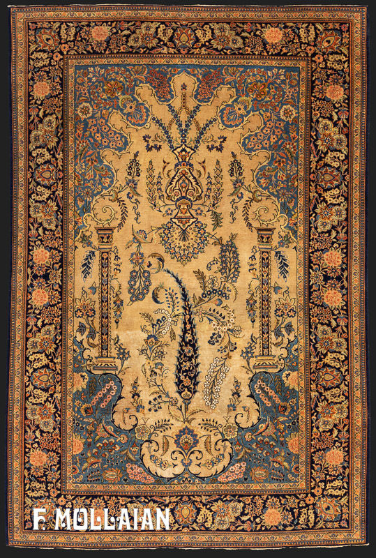 قالیچه آنتیک ایرانی کاشان زمینه بژ با طرح گیاهی مینیاتوری کد:۶۰۳۷۰۲۶۵