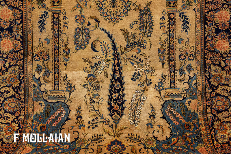 قالیچه آنتیک ایرانی کاشان زمینه بژ با طرح گیاهی مینیاتوری کد:۶۰۳۷۰۲۶۵
