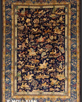 قالی قدیمی دستباف گل ابریشم  ایرانی قم با طرح شکارگاه کد:۷۸۵۱۵۴۳۶