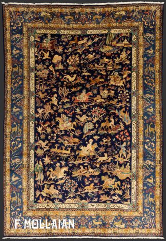 قالی قدیمی دستباف گل ابریشم  ایرانی قم با طرح شکارگاه کد:۷۸۵۱۵۴۳۶