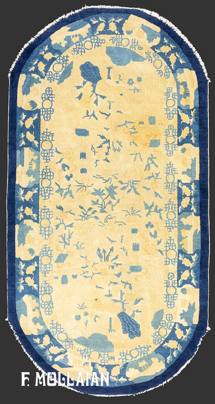 فرش بژ و آبی رنگ آنتیک چینی پکن با فرم بیضی کد:۲۶۵۴۱۷۴۷