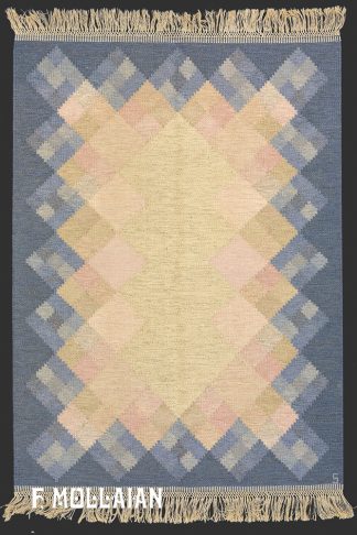 Tappeto Scandinavo Vintage Svedese (a tessitura piatta) Firmato “S” Con Disegno Speciale e Fondo Beige n°:13189608