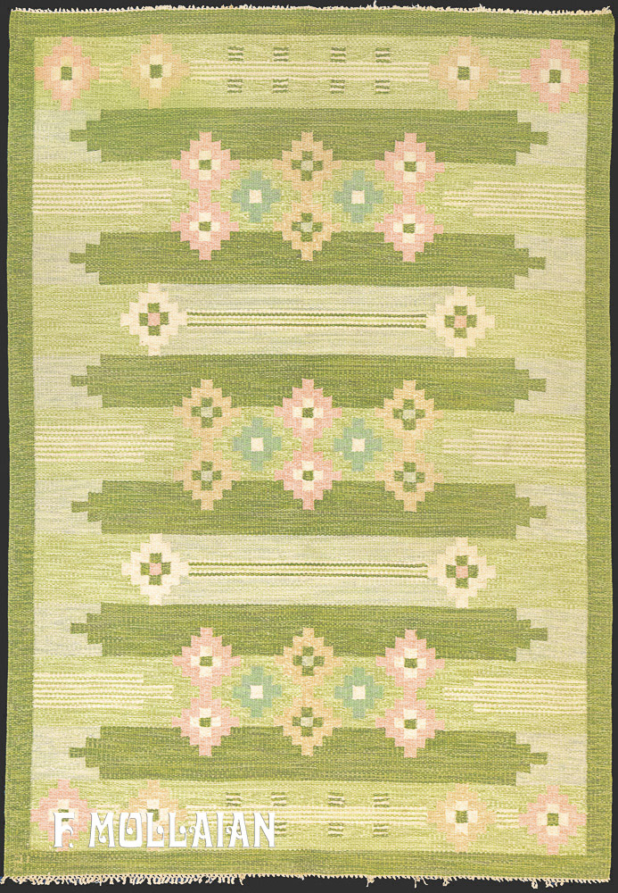 Tappeto Scandinavo Vintage Svedese (a tessitura piatta) Firmato “OA” Con Colore Verde Oliva Chiara e Disegno Geometrico n°:71582660