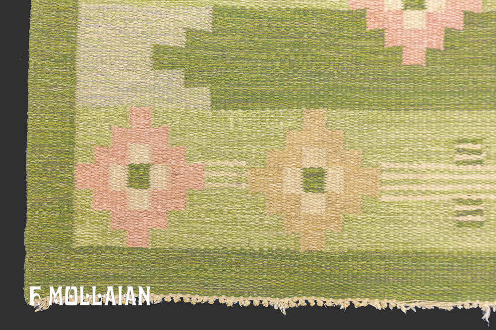 Tappeto Scandinavo Vintage Svedese (a tessitura piatta) Firmato “OA” Con Colore Verde Oliva Chiara e Disegno Geometrico n°:71582660