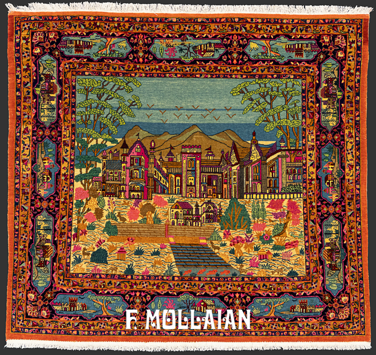 Square Antique Pictorial Persian Kashan Dabir Rug n°:435375