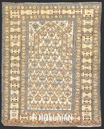 Antique Daghestan Prayer-field Rug Woven during late 19th century in Caucasus with stylized motifs on a beige color field