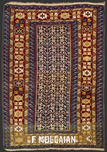 An antique caucasian Konakend Rug, all in wool with a blue All-over field and red&yellow border