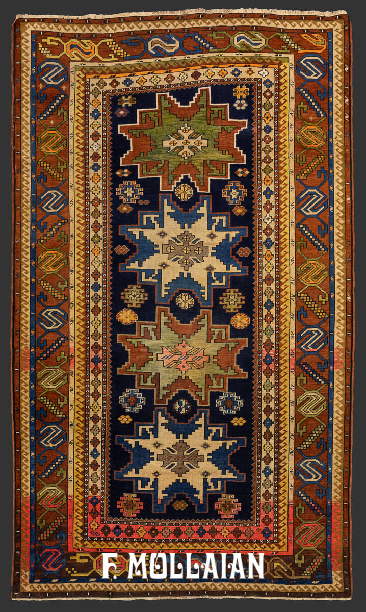 Caucasian Rug, an Antique Lezghi with Bold-Design on a Dark-blue soft wool field woven on wool structure