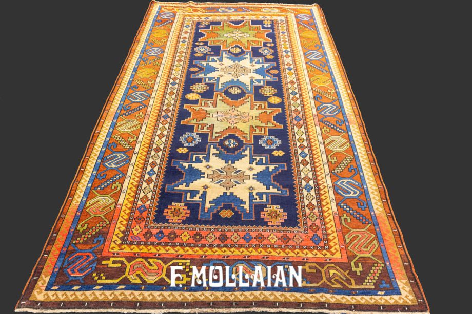 Caucasian Rug, an Antique Lezghi with Bold-Design on a Dark-blue soft wool field woven on wool structure