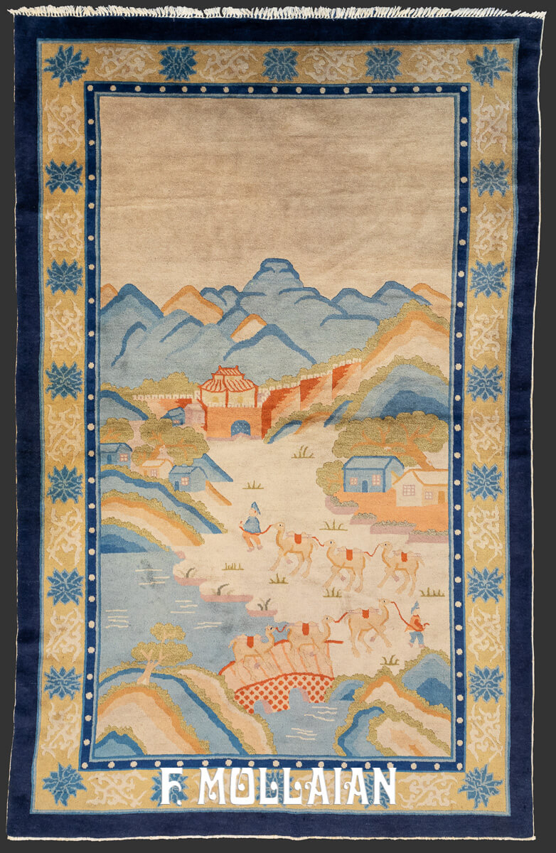 Antico Tappeto Cinese con lana pechinese a tema pittorico (Carovana di cammelli) annodato a mano n°:409056