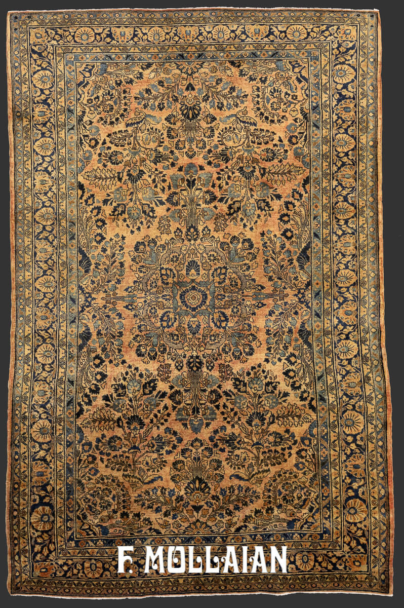 Antique Classical Saruk Rug woven in Persia with Salmon-color field wool and dark blue floral pattern