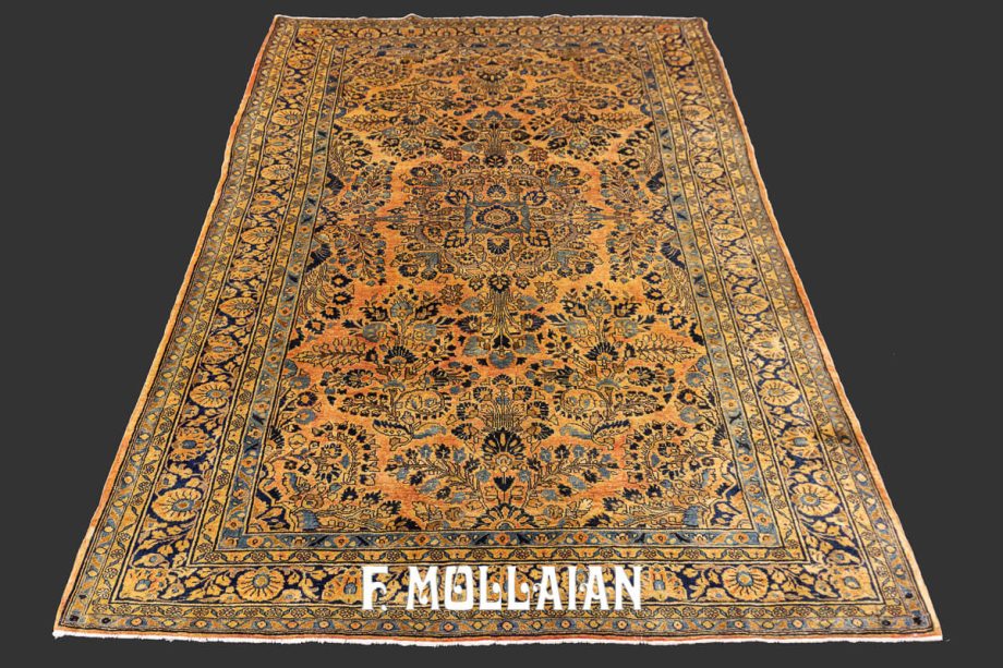 Antique Classical Saruk Rug woven in Persia with Salmon-color field wool and dark blue floral pattern