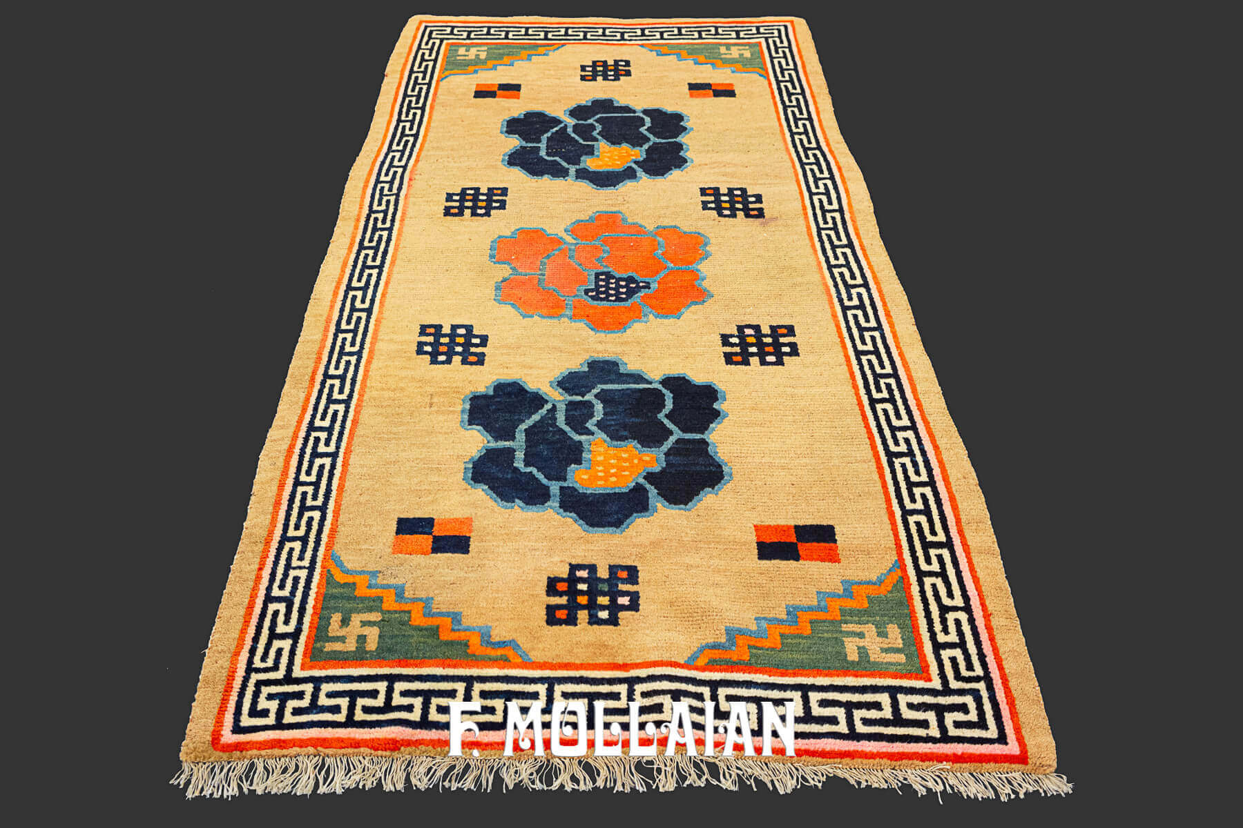 Camel-Color Filed  Hand-knotted Antique Tibetan Rug n°:75987089