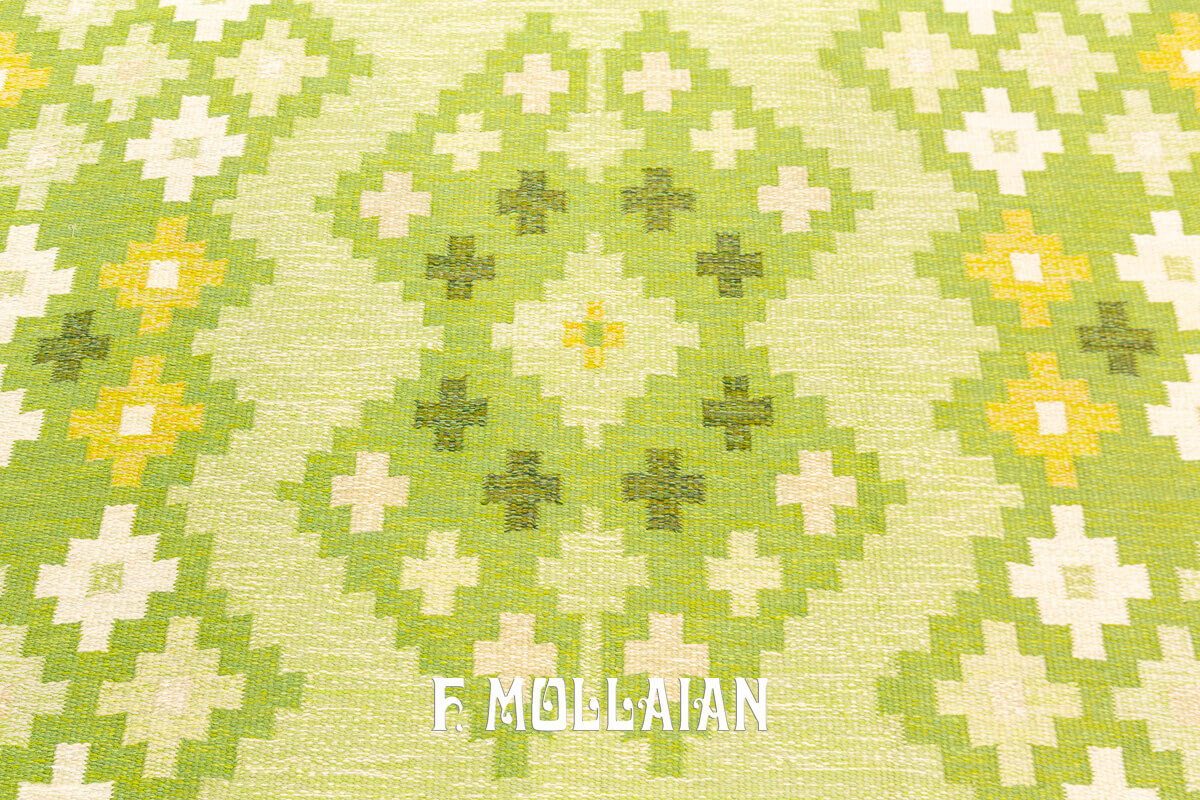 Greenish Signed Rollakan Swedish Wool Kilim n°:512174