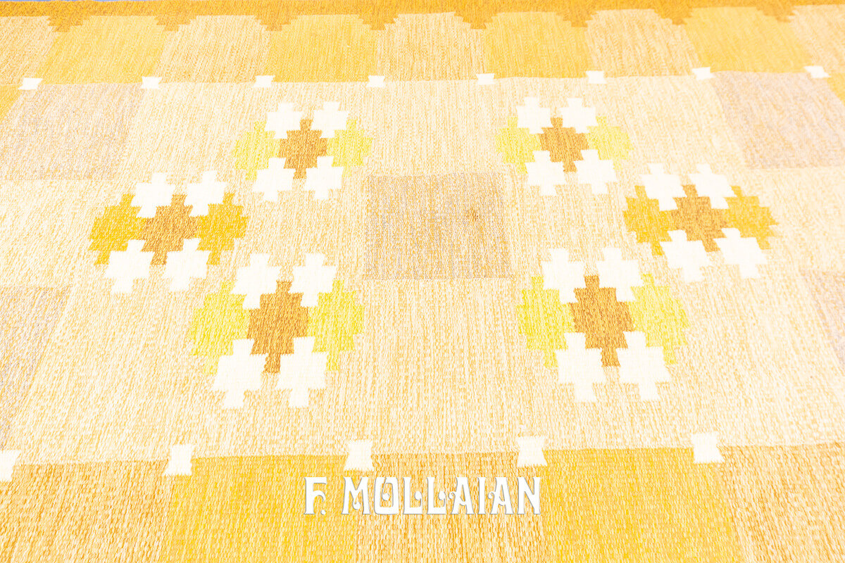 Signed “I S” Flat woven gold color Swedish Rolakan kilim n°:887936