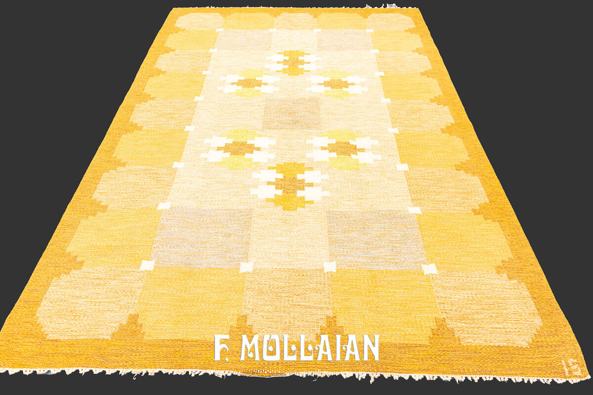 Signed “I S” Flat woven gold color Swedish Rolakan kilim n°:887936
