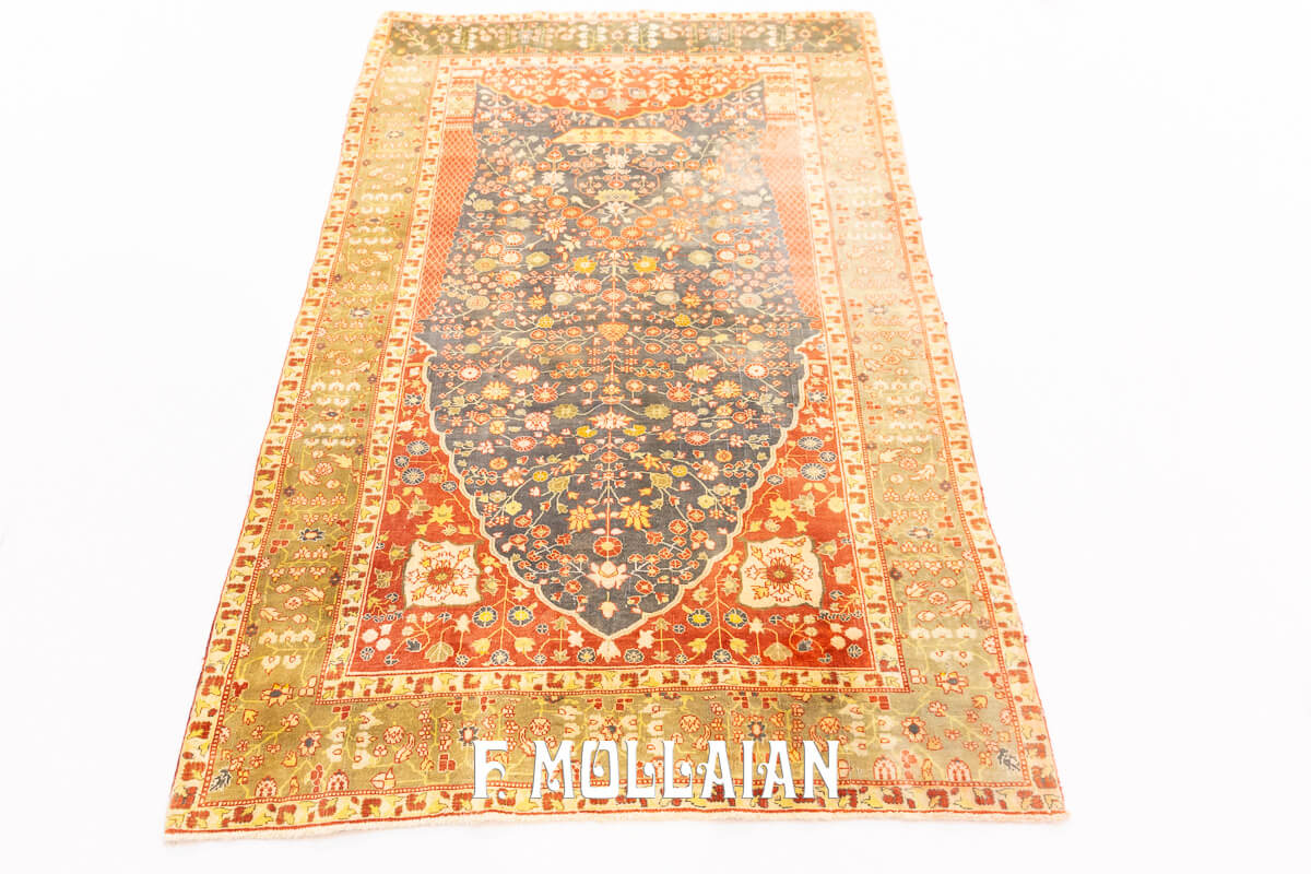 Tapis Ancien En Cachemire – Carré – Jaune Et Orange Avec Dos Vert – 150 Cm
