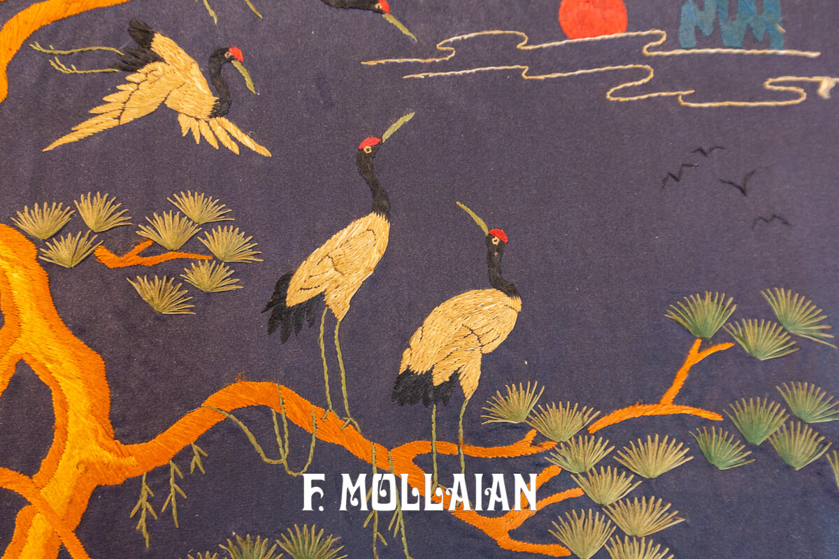Antique Chines Textile Crane Bird Design Dark-Blue Filed n°:56674948