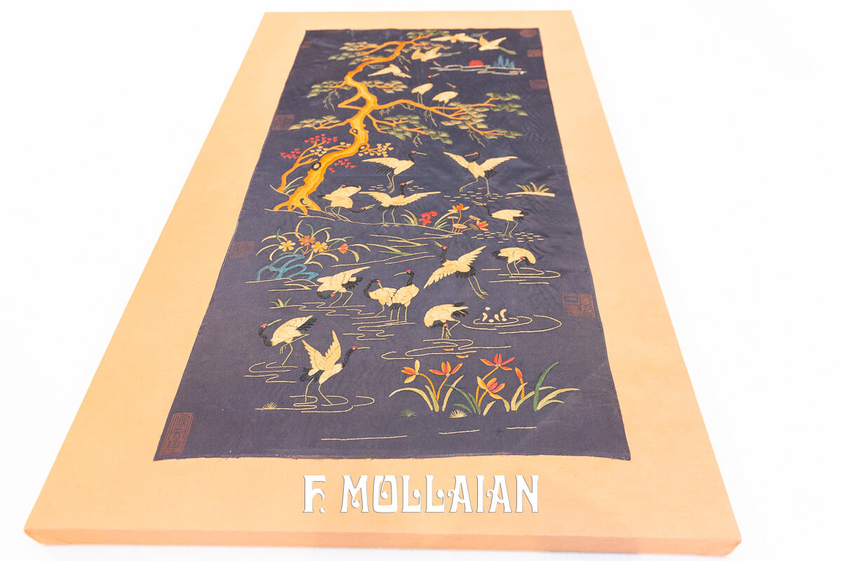 Antique Chines Textile Crane Bird Design Dark-Blue Filed n°:56674948
