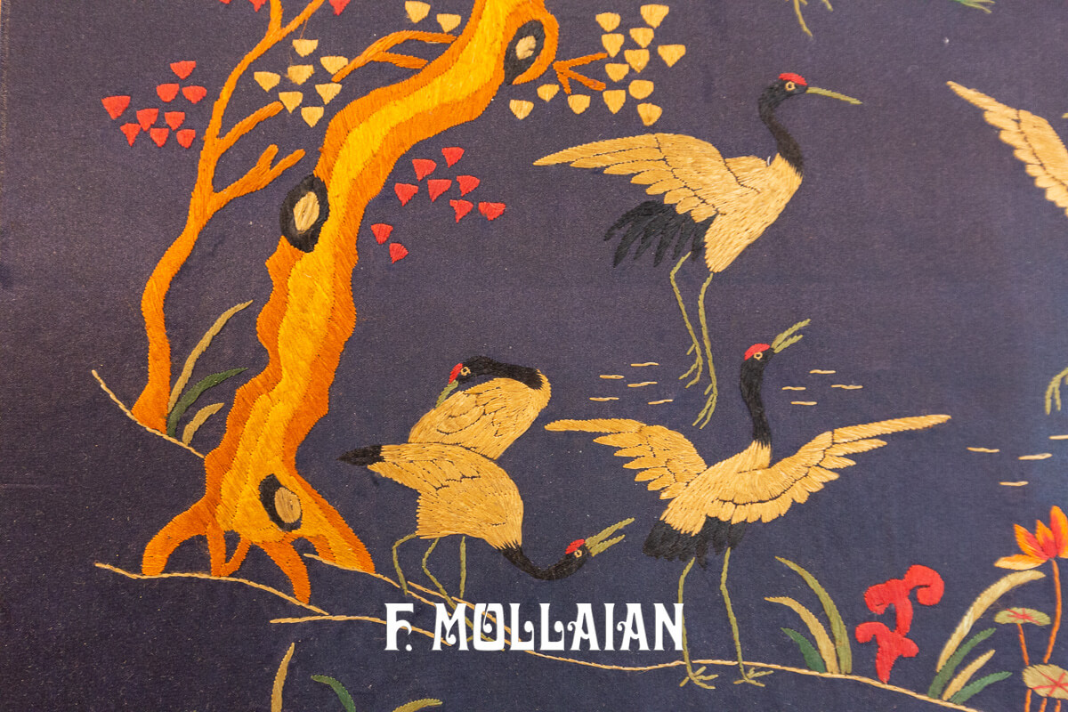 Antique Chines Textile Crane Bird Design Dark-Blue Filed n°:56674948
