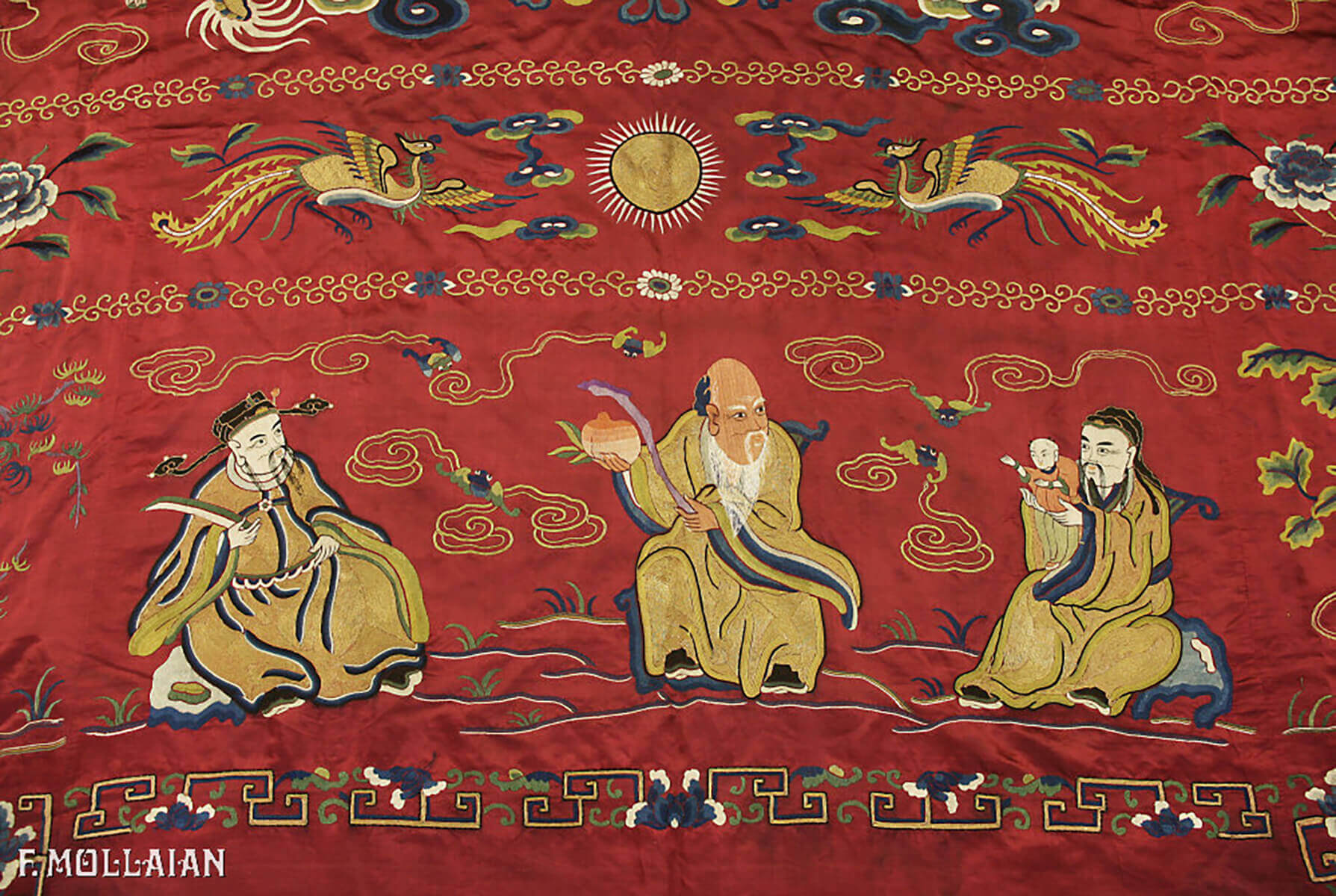 Chinese Imperial Signed Antique Silk and Metal Thread Embroidery (Immortals and Fu Dog) (320x188 cm)